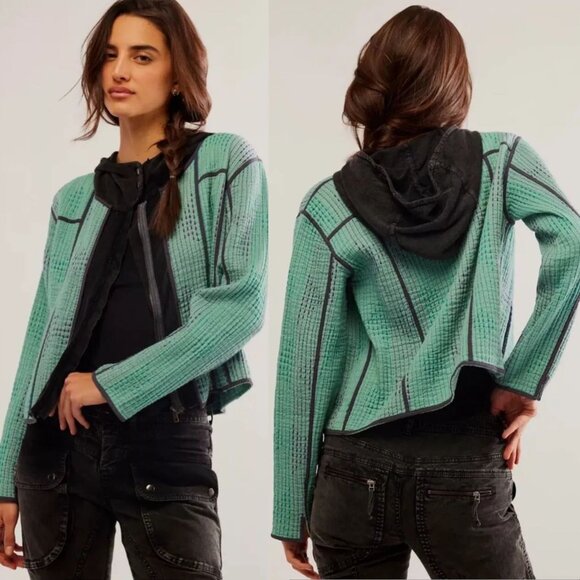 Free People FP ONE Tavi Quilted Hooded JACKET Size L Zip Up Green Blue Black NEW